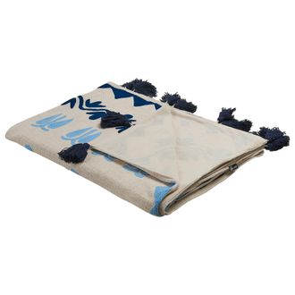 Beliani Beliani - Manta De Algod&oacute;n Beige Azul 130 X 180 Cm Hecho A Mano Patr&oacute;n Floral Borlas Bhind
