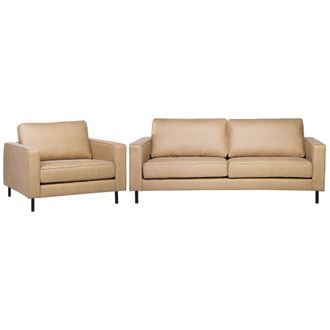 Beliani Conjunto De Sof&aacute;s Para Sal&oacute;n Sof&aacute; 3 Plazas Sill&oacute;n De Piel Beige Estilo Minimalista Savalen