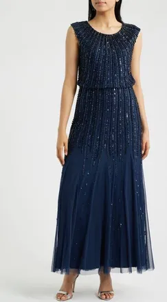 Pisarro Nights Beaded Blouson Gown in Slate 421 at Nordstrom, Size 16