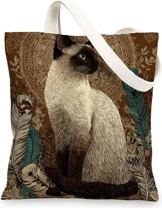 Generic Siamese Cat Canvas Tote Bag, Reusable Eco Friendly Art Shoulder Bag, Bohemian Lightweight Brown Shopping Bag, brown, 13x15 Inch