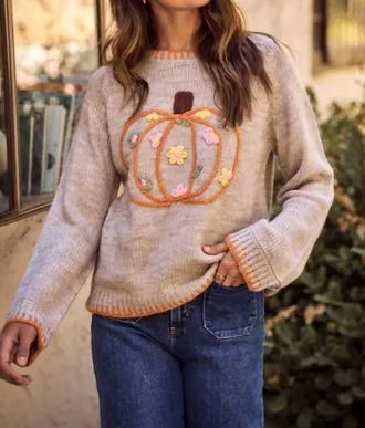 So Me Floral Pumpkin Sweater In Taupe