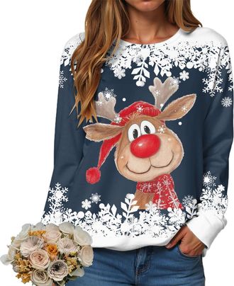 Generic Christmas Sweatshirt Ladies UK Xmas Funny Tree and Snowflake Printed Top Merry Christmas Jumpers for Women Crewneck Long Sleeve Loose Fit Reindeer Xma