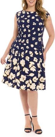 London Times Cap Sleeve Fit & Flare Dress in Navy/Ivory at Nordstrom Rack, Size 16W