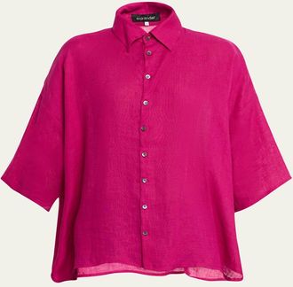 Eskandar Sloped Shoulder Wide A-Line Short Sleeve Shirt With Collar - Mid Length