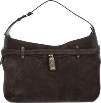 Borbonese Dark Brown Suede Hobo Bag With Gold-Tone Padlock Detail