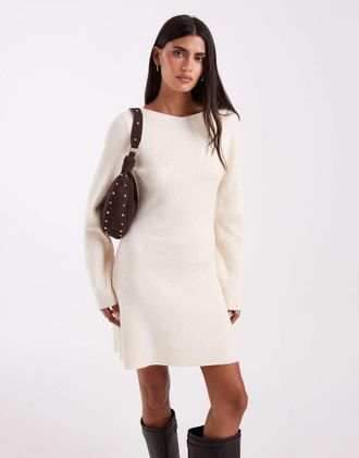 Vero Moda vestito mini lavorato a maglia con maniche lunghe e scollo a barchetta color crema-Bianco