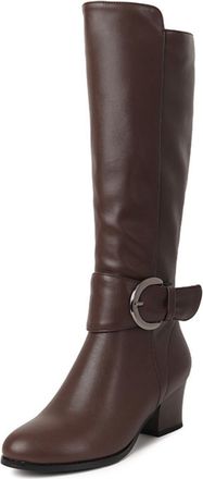Generic Womens Knee-High PU Leather Boots Round Toe Chunky Block Heels Side Zipper with Metal Buckle Detail Office Commute Casual Boots,Brown,3.5 UK