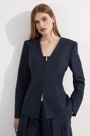Karen Millen Womens Archive Collection - Tailored Cotton Pintuck Grosgrain Zip Front Blazer - Navy - Size 10 UK