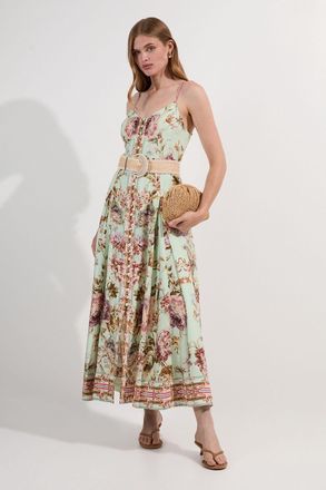 Karen Millen Womens Mirrored Floral Viscose Linen Strappy Maxi Dress - Green - Size 10 UK