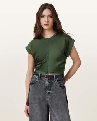 AllSaints Womens Cotton Mira Cropped Satin Drawcord T-Shirt, Size: M