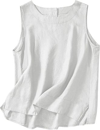 Generic Cotton Linen Tank Tops for Women UK Summer Sleeveless Crewneck Loose Fit Vest Dressy Casual Solid Lightweight Shirts 2025 Fashion Back Button Blouse G