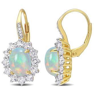 Mimi & Max 1 3/4 CT TGW Oval Shape Blue Ethiopian Opal and White Topaz and Diamond Accent Halo Leverback Earrings in Yellow Plated Sterling Silver