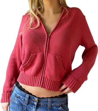 Generic rtdgcv Womens Zip Long Sleeve Crop Hooded Tops Ribbed Knit Cropped Hoodie Jacket Cute Pullover Coat Straight Cut Womens Cardigans for Women Black Shor