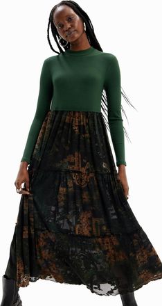 Desigual Lena Green Long Sleeved Top & Tiered Mesh Midi Skirt Dress 23WWVK89