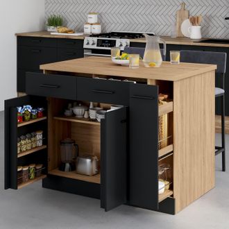 IDMarket Isla Central Alto Con Puertas, Armarios, Cajones, Extra&iacute;bles Y Encimera De Haya Y Efecto Negro