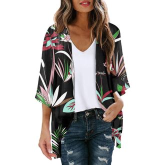 Generic Womens Casual Floral Printed Puff Sleeve Chiffon Kimono Cardigan Summer Beach Loose Cover Up Blouse Tops Lightweight Cardigan Jackets for Women A-Gree