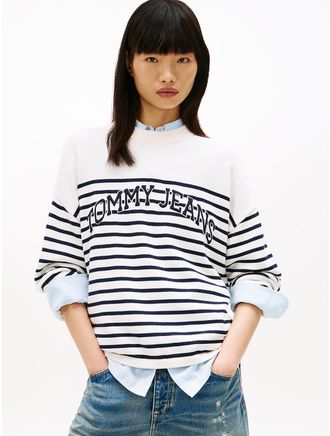 Tommy Hilfiger Womens Tommy Jeans Varsity Logo Stripe Sweater - White - XXS