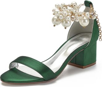 Generic Wedding Shoes Bridal Peep Toe Block Heel Bridal Shoes Low Heels Pearl Heels Wedding Party Dress High Heels Sandals 5.5Cm,Dark Green,10 UK