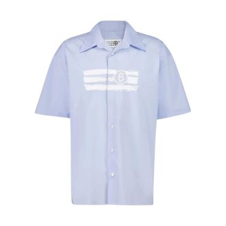 Maison Margiela Short Sleeve Shirts, male, Blue, M, Logo Cotton Shirt Light Blue