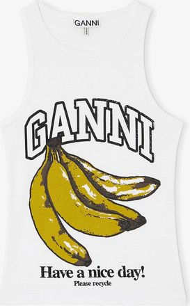 Ganni White Tank Top with Banana - Size XXS Organic Cotton