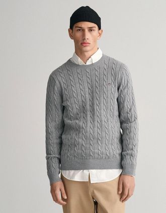 GANT Mens GANT Mens Cotton Cable Knit Crew Neck Jumper - 93 Grey Melange - Size: 40