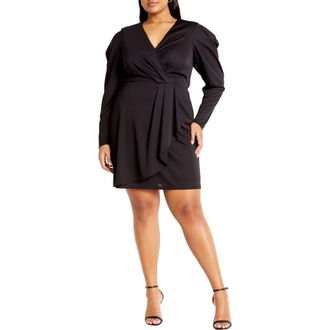 City Chic Hayley Long Sleeve Faux Wrap Minidress in Black at Nordstrom Rack, Size Xs/14W