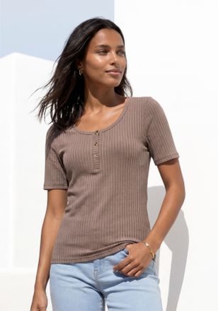 Lascana T-Shirt LASCANA mit kurzer Knopfleiste, Damen, Gr. 32/34, grau (taupe), Rippware, Obermaterial: 95% Viskose, 5% Elasthan, unifarben, bequem normal, Ru