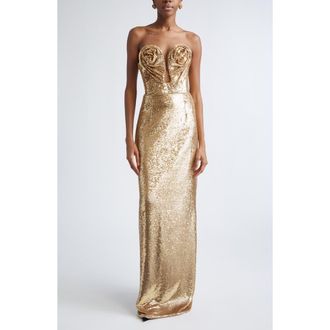 Carolina Herrera Rosette Bodice U-Neck Strapless Sequin Gown in Gold at Nordstrom, Size 4