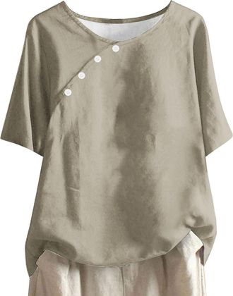 Generic Womens Summer Tops Cotton Linen Shirts Casual Blouses Boho Embroidered Top Floral Printed Short Sleeve Button Tshirt Vintage Pullover Elegant T Shirts