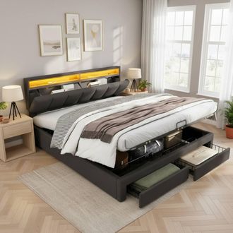 Matteo Upholstered Double Bed - LED, Storage & Drawers - Grey Linen