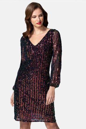 Hot Squash Blouson Sleeved V Neck Sequin Dress
