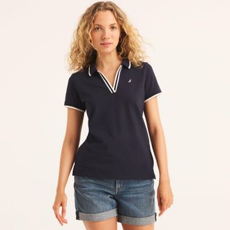 Nautica Womens Sustainably Crafted Ocean Split-Neck Polo
