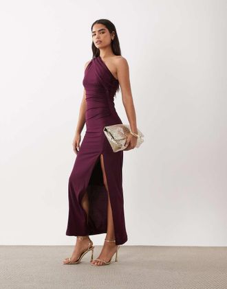 Tfnc Vestito lungo monospalla sinuoso color prugna con sciarpa e spacco alto-Viola