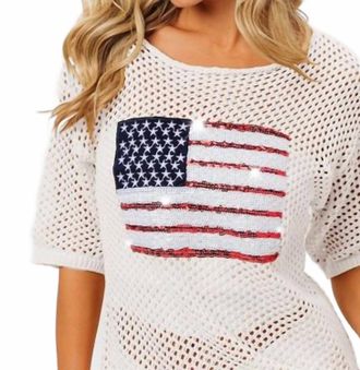 Bibi Sequin American Flag Knit Cover Up Tee In White