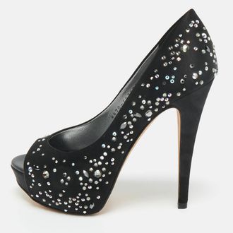 Gina Black Crystal Embellished Satin Open Toe Platform Pumps