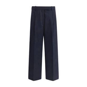 Thom Browne Wide Trousers, female, Blue, Size: XL Contrast Stitch Wool Pants