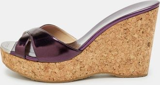 Jimmy Choo London Metallic Purple Leather Perfume Wedge Sandals
