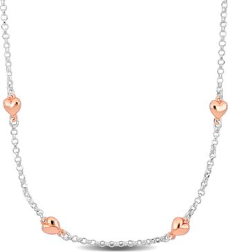 Mimi & Max Four Heart Charm Station Necklace in Two-Tone Rose and White Sterling Silver-16.5+1 in