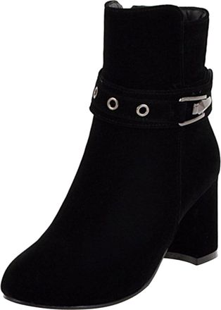 Generic Winter Ladies Fashion Suede Ankle Boots with Belt Buckle Side Zipper Closure and Thick High Heel for Stylish Comfort (Black, 4. 5)