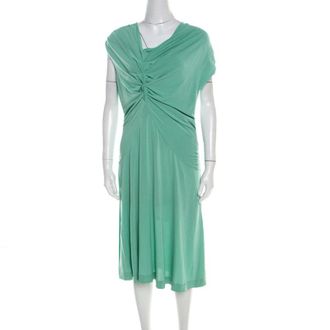 Escada Aqua Green Knit Ruched Draped Front Sleeveless Dress