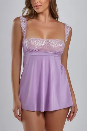 iCollection Lace & Microfiber Babydoll in Lilac at Nordstrom, Size X-Large