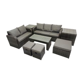 Fimous 3 Seater Sofa Love Sofa Coffee Table with 3 Footstools 2 Side Table in Dark Grey