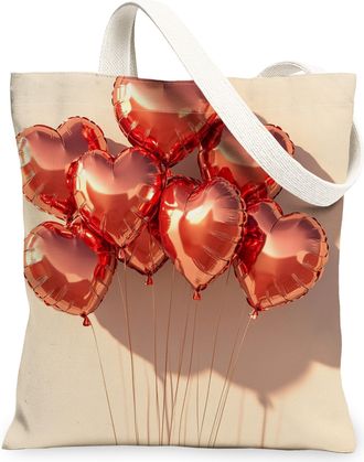Generic Heart Balloon Canvas Tote Bags, Love Balloon Pattern Reusable Grocery Bags, Spring Chic Lightweight Washable Shoulder Strap for Travel Picnic 13x15 In