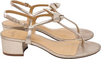 Alexandre Birman Clarita Bow-Embellished Sandal Heels in Gold Leather