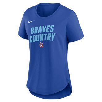Nike Atlanta Braves Team Phrase City Connect Lockup Nike Womens MLB T-Shirt in Blue | NKMV4EVAW-ASK