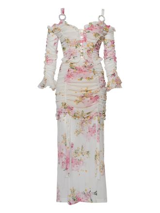 Alessandra Rich floral-print ruched maxi dress - women - Spandex/Elastane/Silk/Polyamide/Spandex/Elastane - M - White