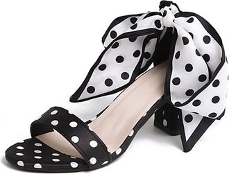 Generic Womens Open Toe Chunky High Heels Sandals Classic Polka dot Bow Ankle Strap Summer Casual Party Dress Shoes (7.5,Black)