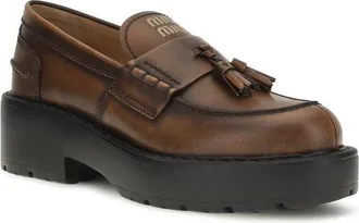 Miu Miu Womens Brown Calf Leather Bos Taurus Platform Loafers