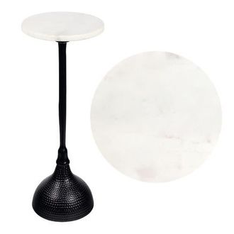 Jonathan Y Designs Ava 23.75 Art Deco Contemporary Metal Pedestal Drink Table and Decorative End Table with White Marble Round Top and Hammered Base in