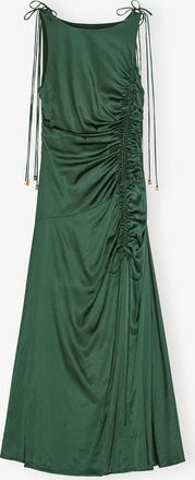 Ganni Green Satin Gathered Dress - Size 8/10 Viscose